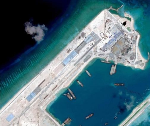 Airstrip construction on the Fiery Cross Reef in the South China Sea