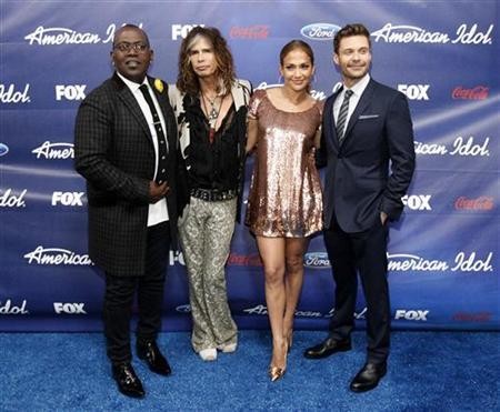 Judges Randy Jackson (L), Steven Tyler (2nd L), Jennifer Lopez and show host Ryan Seacrest