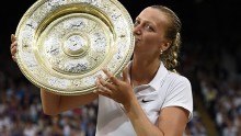 Petra Kvitova kissing the Venus Rosewater Dish, symbol of the greatest prize in Wimbledon tennis for women
