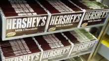 Rows of Hershey candy bars are seen inside the Hershey Store in New York, June 17, 2008.