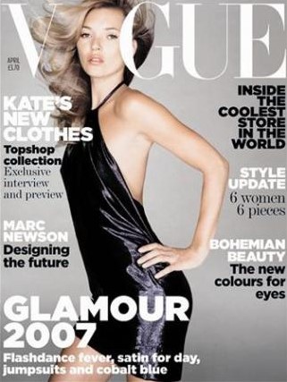 The front cover of the April 2007 edition of British Vogue featuring British model Kate Moss 