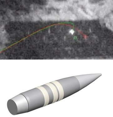 EXACTO smart round (green) hits target offset from aiming point (red). DARPA drawing of its EXACTO round.
