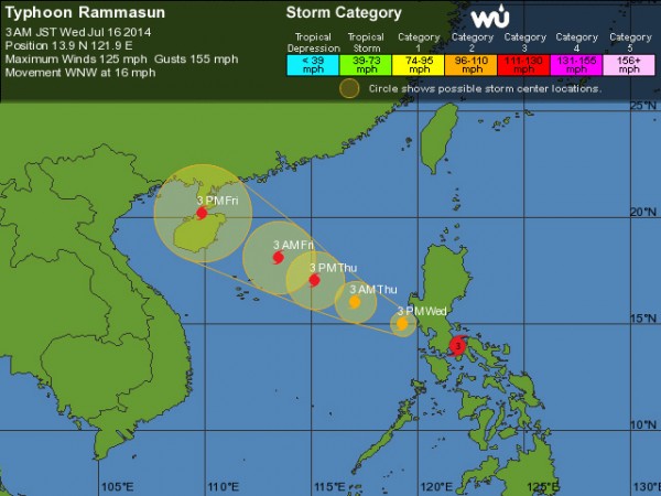 Typhoon Rammasun hammering the Philippine Archipelago en route to China