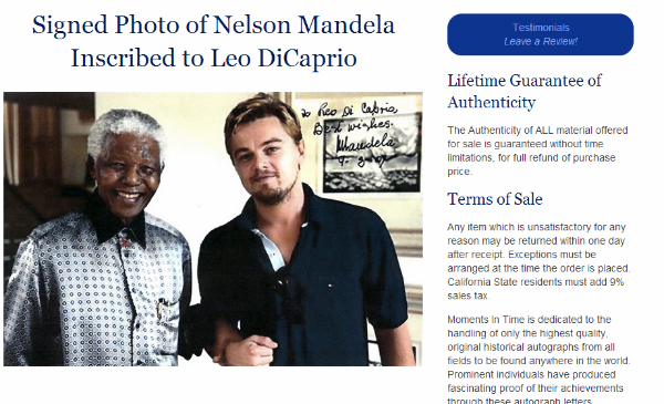 Photo of Leonardo DiCaprio and Mandela for sale on the internet