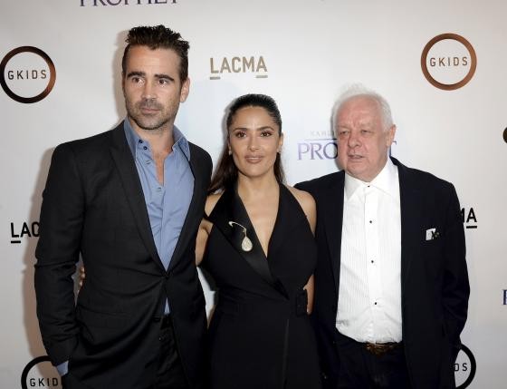 Salma Hayek with actor Colin Farrell (L) and director Jim Sheridan at Los Angeles screening of the movie 'The Prophet'. 