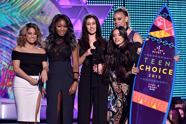Singers Ally Brooke Hernandez, Normani Kordei, Lauren Jauregui, Camila Cabello and Dinah Jane Hansen of Fifth Harmony accept the Choice Music Group: Female onstage during the Teen Choice Awards 2015 at the USC Galen Center on August 16, 2015 in Los Angele