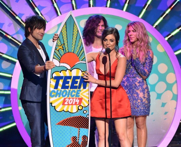 Actress Lucy Hale, winner of Best Drama Show onstage and The Band Perry during FOX's 2014 Teen Choice Awards at The Shrine Auditorium on August 10, 2014 in Los Angeles, California. 