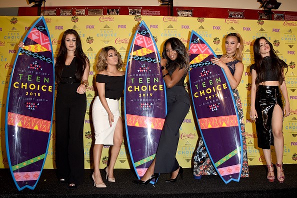 (L-R) Singers Lauren Jauregui, Ally Brooke Hernandez, Normani Kordei, Dinah Jane Hansen and Camila Cabello of Fifth Harmony, winners of the Choice Music Group: Female award, pose in the press room during the Teen Choice Awards 2015 at the USC Galen Center