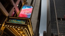 The marquee for Les Miserables is seen near Times Square