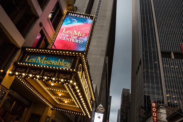 The marquee for Les Miserables is seen near Times Square