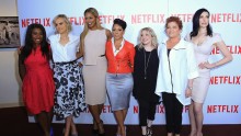 Actresses Uzo Aduba, Taylor Schilling, Laverne Cox and Selenis Leyva, casting director Jennifer Euston, actresses Kate Mulgrew, and Laura Prepon pose for pictures at the 