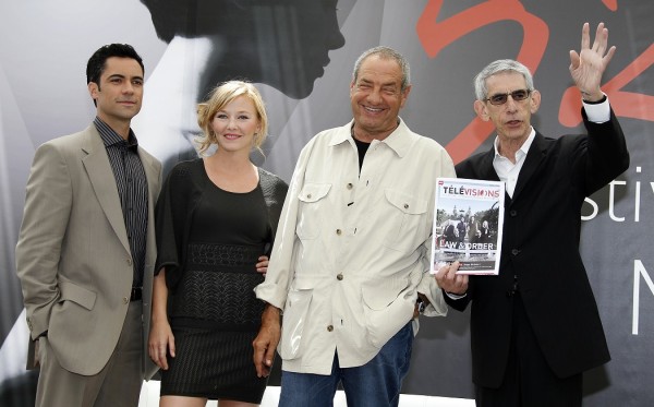 Producer Dick Wolf poses with cast members (L-R) Danny Pino, Kelli Giddish and Richard Belzer 