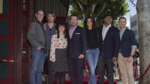 Actor Chris O'Donnell (C) poses with co-stars (from L-R) Miguel Ferrer, Eric Christian Olsen, Renee Felice Smith, Daniela Ruah, LL Cool J and Barrett Foa