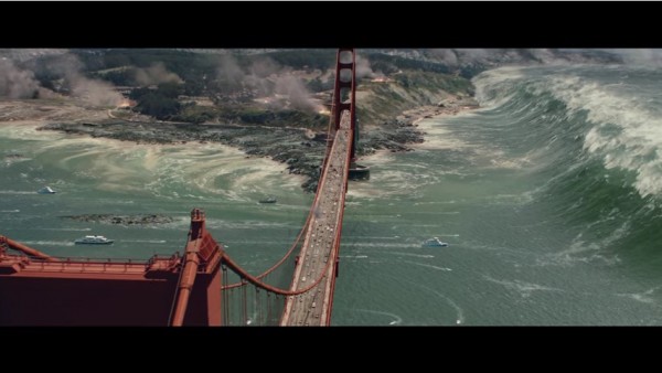 A "San Andreas" scene where Dwayne Johnson with his wife on a boat has to overcome the massive tsunami.