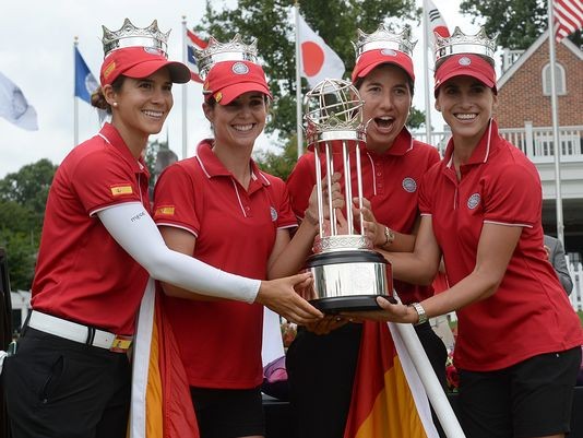 Spain's Carlota Ciganda, Beatriz Recari, Belen Mozo and Azahara Munoz winning the LPGA International Crown