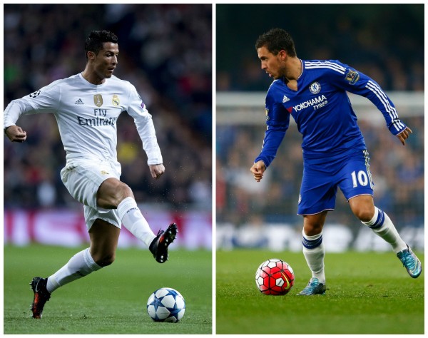 Real Madrid's Cristiano Ronaldo (L) and Chelsea's Eden Hazard