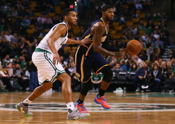Indiana Pacers forward Paul George and the Celtics' Evan Turner