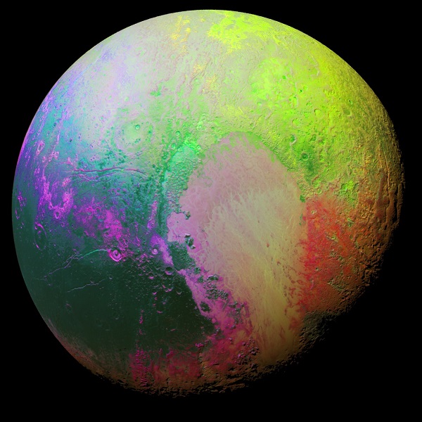 The psychedelic colors of this new false color image of Pluto reveals the dwarf planet's complex surface features.