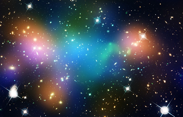 This composite image shows the distribution of dark matter, galaxies, and hot gas in the core of the merging galaxy cluster Abell 520, formed from a violent collision of massive galaxy clusters.