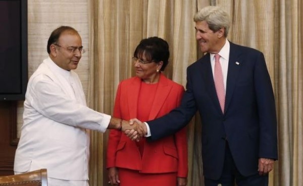 U.S. State Secretary John Kerry, U.S. Commerce Secretary Penny Pritzker and Indian Finance Minister Arun Jaitley