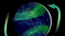 Artistic impression of latitudinally more widespread aurora as an expected consequence of geomagnetic field strength much lower than today's.