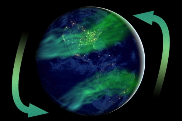 Artistic impression of latitudinally more widespread aurora as an expected consequence of geomagnetic field strength much lower than today's.