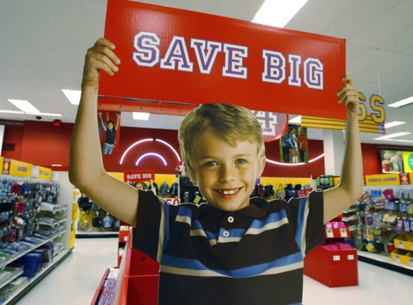 A signage offering big savings in the back to school supply department.