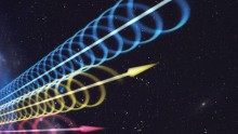 Artist impression of a Fast Radio Burst reaching Earth. The colours represent the burst arriving at different radio wavelengths.
