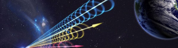 Artist impression of a Fast Radio Burst reaching Earth. The colours represent the burst arriving at different radio wavelengths.