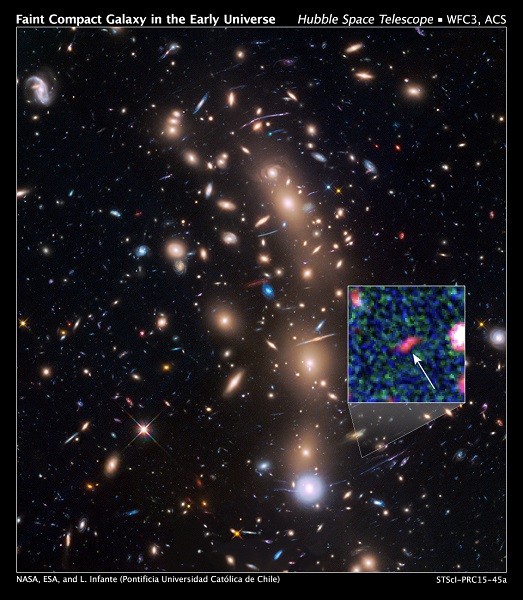 This is a Hubble Space Telescope view of a very massive cluster of galaxies, MACS J0416.1-2403, located roughly 4 billion light-years away and weighing as much as a million billion suns. The cluster's immense gravitational field magnifies the image of gal
