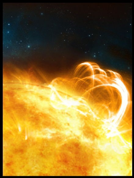 What the Sun might look like if it were to produce a superflare. A large flaring coronal loop structure is shown towering over a solar active region.