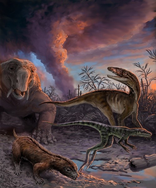 Animals escaping from an erupting volcano 235 million years ago in northwestern Argentina. These species, found as fossils in the Chañares Formation, include early mammal relatives (the dicynodont Dinodontosaurus in the left background, and the cynodont M