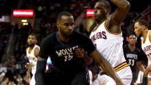 Minnesota Timberwolves small forward Shabazz Muhammad posts up against Dion Waiters in this file photo