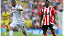 Real Madrid's Karim Benzema (L) and Southampton's Victor Wanyama
