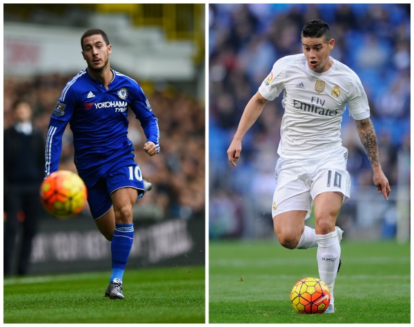 Chelsea's Eden Hazard (L) and Real Madrid's James Rodriguez