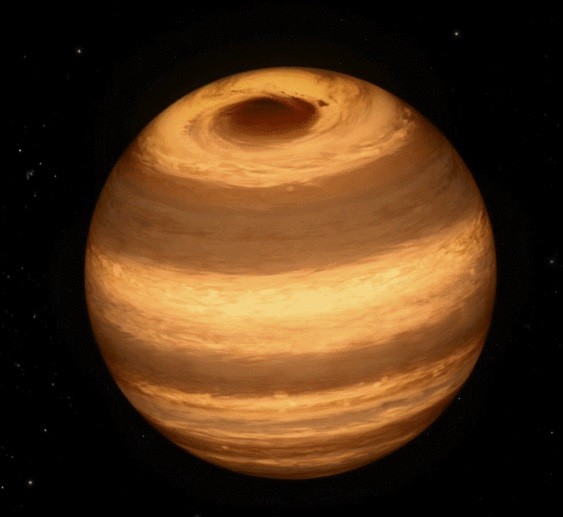 This illustration shows a cool star, called W1906+40, marked by a raging storm near one of its poles. The storm is thought to be similar to the Great Red Spot on Jupiter. Scientists discovered it using NASA's Kepler and Spitzer space telescopes.