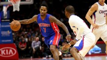 Detroit Pistons point guard Brandon Jennings (L) goes against Los Angeles Clippers' Chris Paul in this file photo