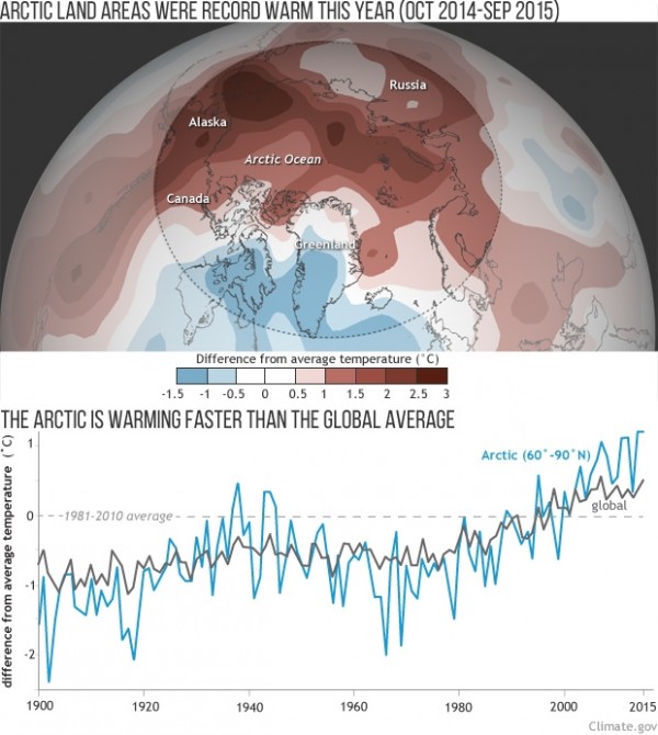 Average temperature from October 2014-September 2015 compared to the 1981-2010 average (top). Annual temperatures for the Arctic compared to the whole globe since 1900 (bottom).
