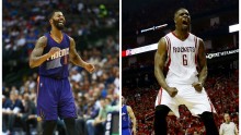 Phoenix Suns' Markieff Morris (L) and Houston Rockets' Terrence Jones