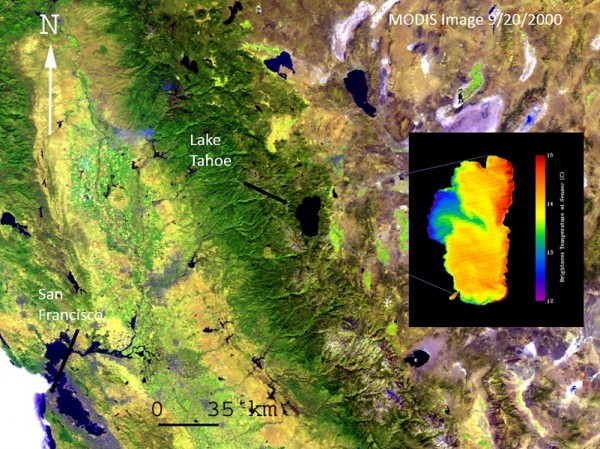 Several large lakes are seen in this image of the California/Nevada border region acquired by the MODIS instrument on NASA's Terra spacecraft. The inset image of Lake Tahoe, from the ASTER instrument on Terra, shows the lake's temperature variations (cold