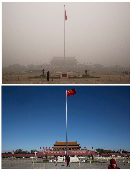 A comparative photo of  Tiananmen Square amid smog in Beijing, China