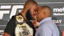 UFC light heavyweight champion Jon Jones stares down challenger Daniel Cormier in Ultimate Media Day