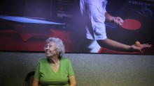 Freyda Dvorak, 87, takes a break while playing ping pong at a program for people with Alzheimer's and dementia at the Arthur Gilbert table tennis center in Los Angeles, California June 15, 2011. 