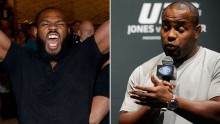 Jon Jones shouting after Monday's brawl (left), Daniel Cormier apologizing after the incident