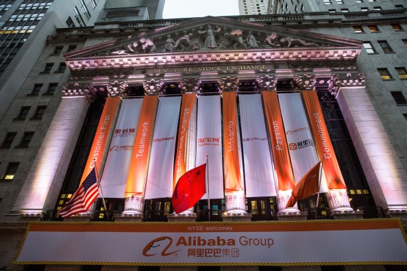Alibaba Group signage is posted outside the New York Stock Exchange