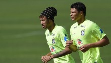 Neymar (L) and Thiago Silva during a Brazil national team training