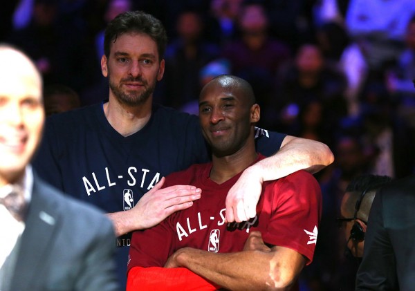 Chicago Bulls' Pau Gasol (L) and Los Angeles Lakers' Kobe Bryant during the 2016 All-Star Game