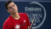 A frustrated Milos Raonic of Canada bows out of the Rogers Cup after being defeated by Spaniard Feliciano Lopez