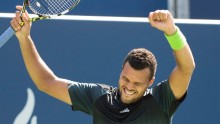 Frenchman Jo-Wilfried Tsonga celebrating his victory over Bulgarian Grigor Dimitrov in semi-final round of Rogers Cup