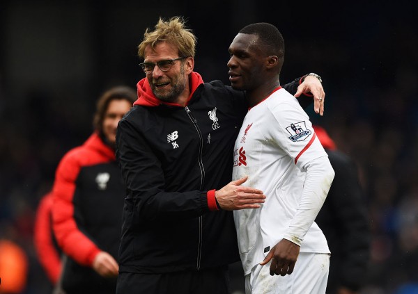 Jürgen Klopp (L) and Christian Benteke during Liverpool's win over Crystal Palace